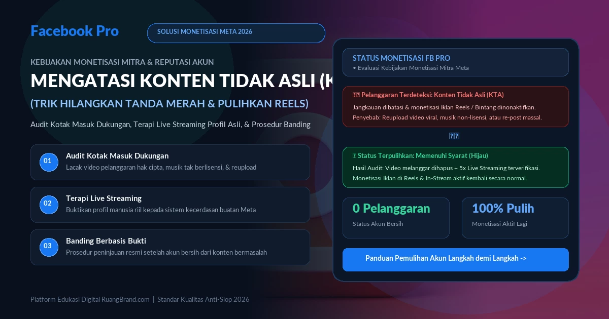 Cara Mengatasi Pelanggaran Konten Tidak Asli FB Pro (KTA): Trik Menghilangkan Tanda Merah Monetisasi & Memulihkan Jangkauan Akun 2026