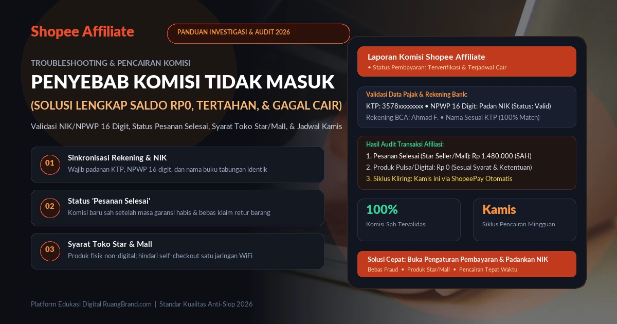 Penyebab Komisi Shopee Affiliate Tidak Masuk & Cara Mengatasinya: Panduan Lengkap Validasi Rekening, Status Pesanan, dan Jadwal Pencairan 2026