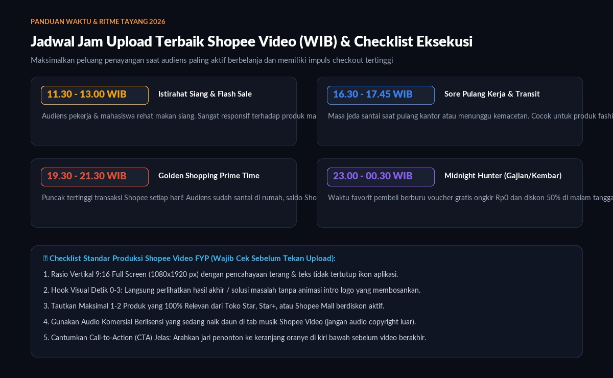 Jadwal Jam Upload Terbaik Shopee Video 2026 dan Checklist Eksekusi